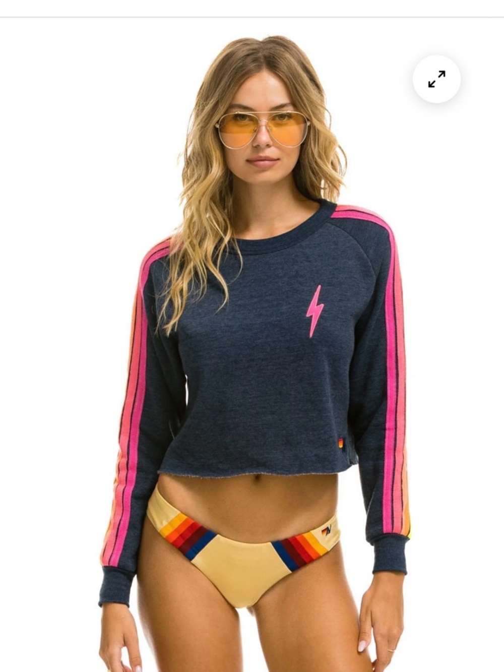 Aviator Nation Navy Cropped Sweatshirt with Pink Stripe Sleeves